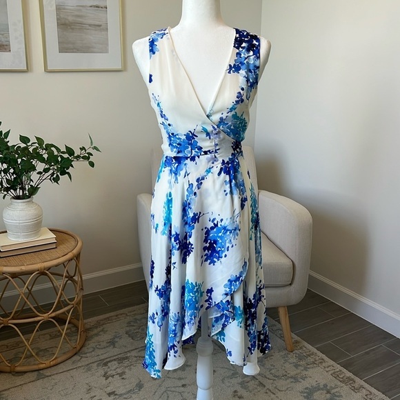 Lulus Paint Me a Picture Ivory Blue Watercolor Floral Garden Wrap Dress Small - Picture 1 of 17